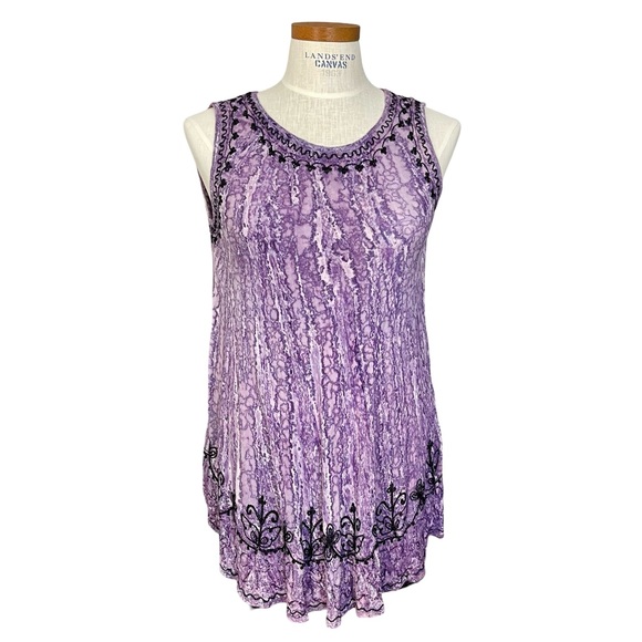 Mandala Tops - Mandala Purple Sleeveless Summer Top with Black Embroidered Details One Size